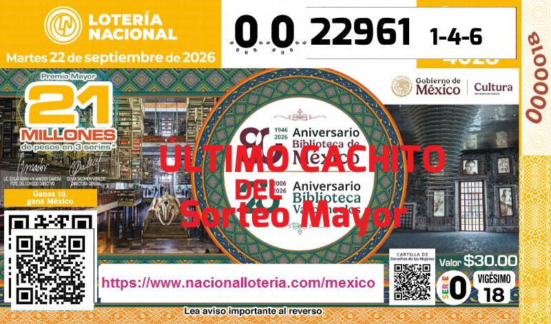 Cachito del último Sorteo Mayor premiado en la Lotería Nacional del Martes 22 de Septiembre de 2026 Último Sorteo Mayor de la Lotería del Martes 22 de Septiembre de 2026