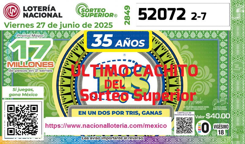 Cachito del último Sorteo Superior premiado en la Lotería Nacional del Viernes 27 de Junio de 2025 Último Sorteo Superior de la Lotería del Viernes 27 de Junio de 2025